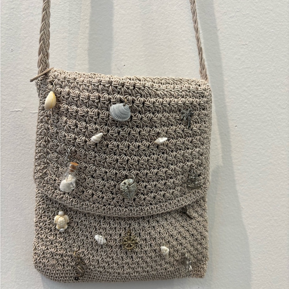 Beige Crochet Crossbody Bag with Beach Charms